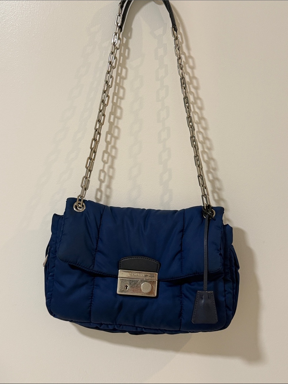 Prada Navy Quilted Shoulder Bag with Silver Chain